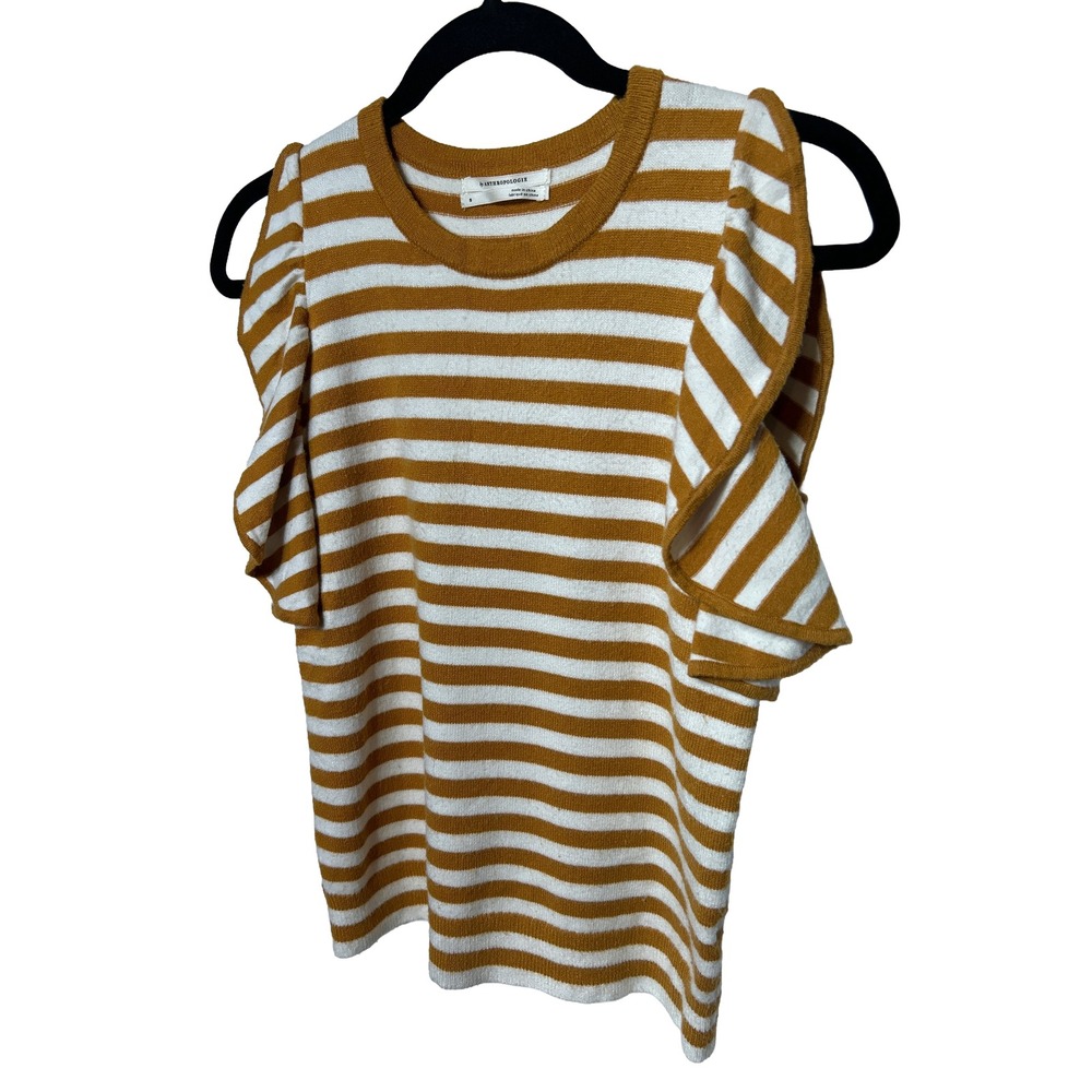 Anthropologie Striped Cap Sleeve Ruffle Sleeve Knit Top Small
